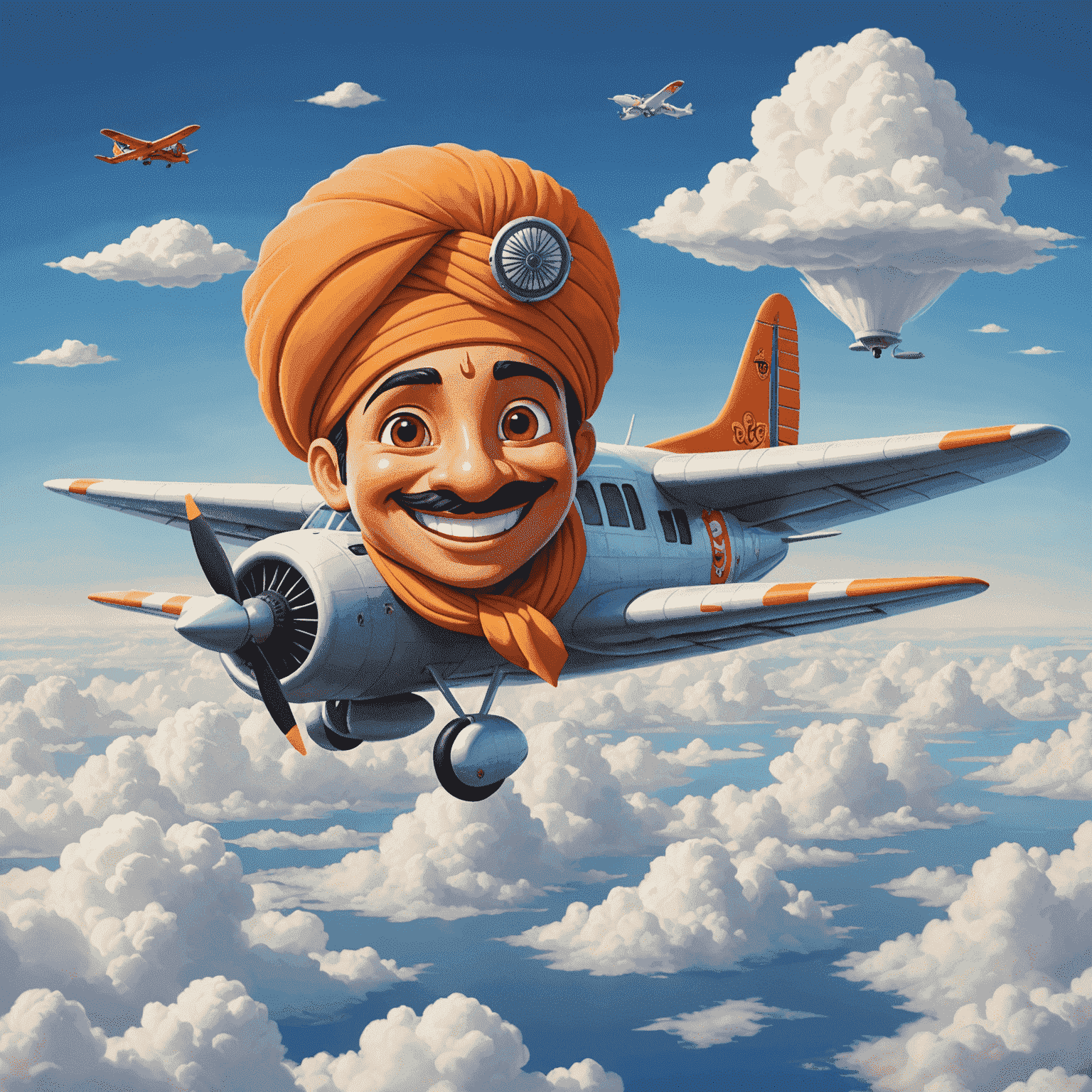 A cartoon airplane with a smiling face, wearing a traditional Indian turban, soaring through clouds shaped like famous Indian landmarks