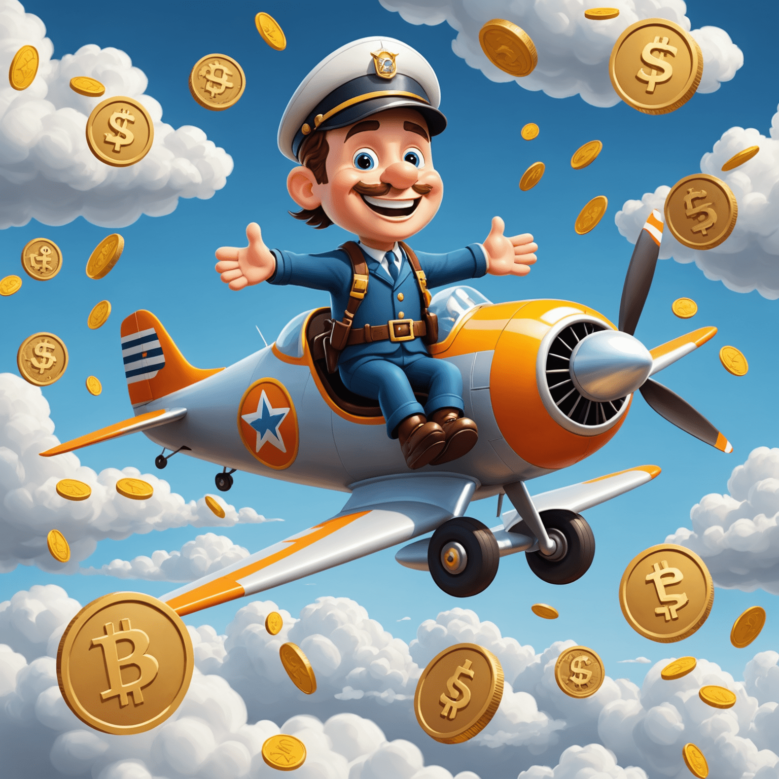 Cartoon illustration of a cheerful pilot flying an Aviator plane through clouds shaped like coins and jackpot symbols