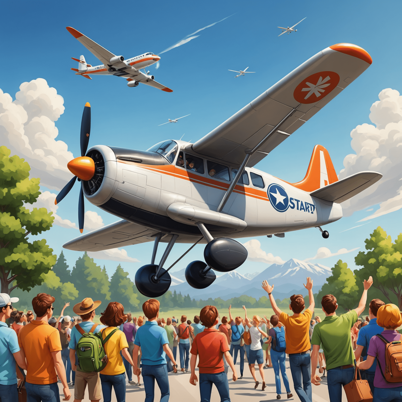 Cartoon airplane taking off with excited passengers, representing the start of an Aviator game