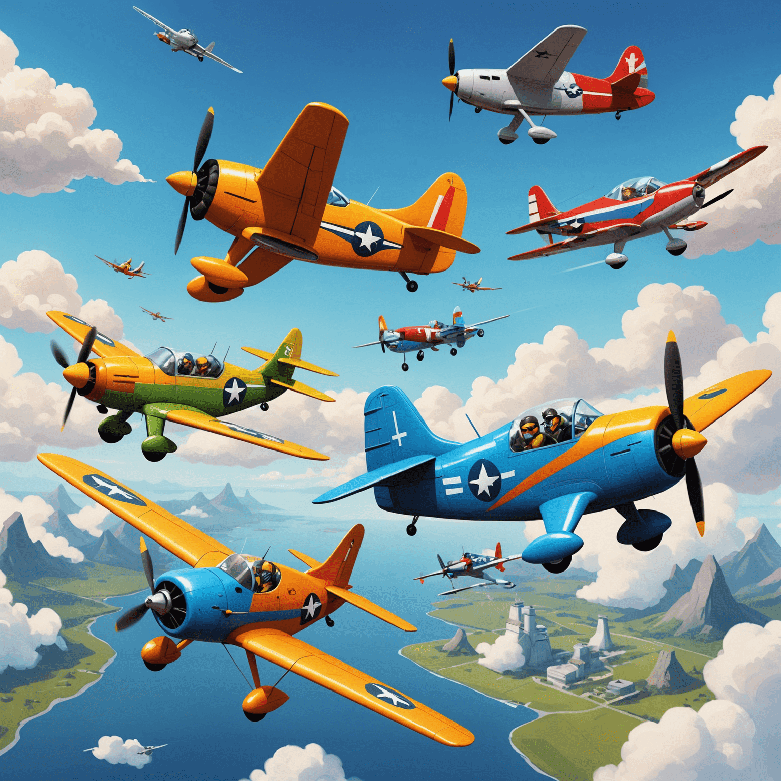 Cartoon illustration of multiple aviators flying together in colorful planes, representing the multiplayer feature of the Aviator game