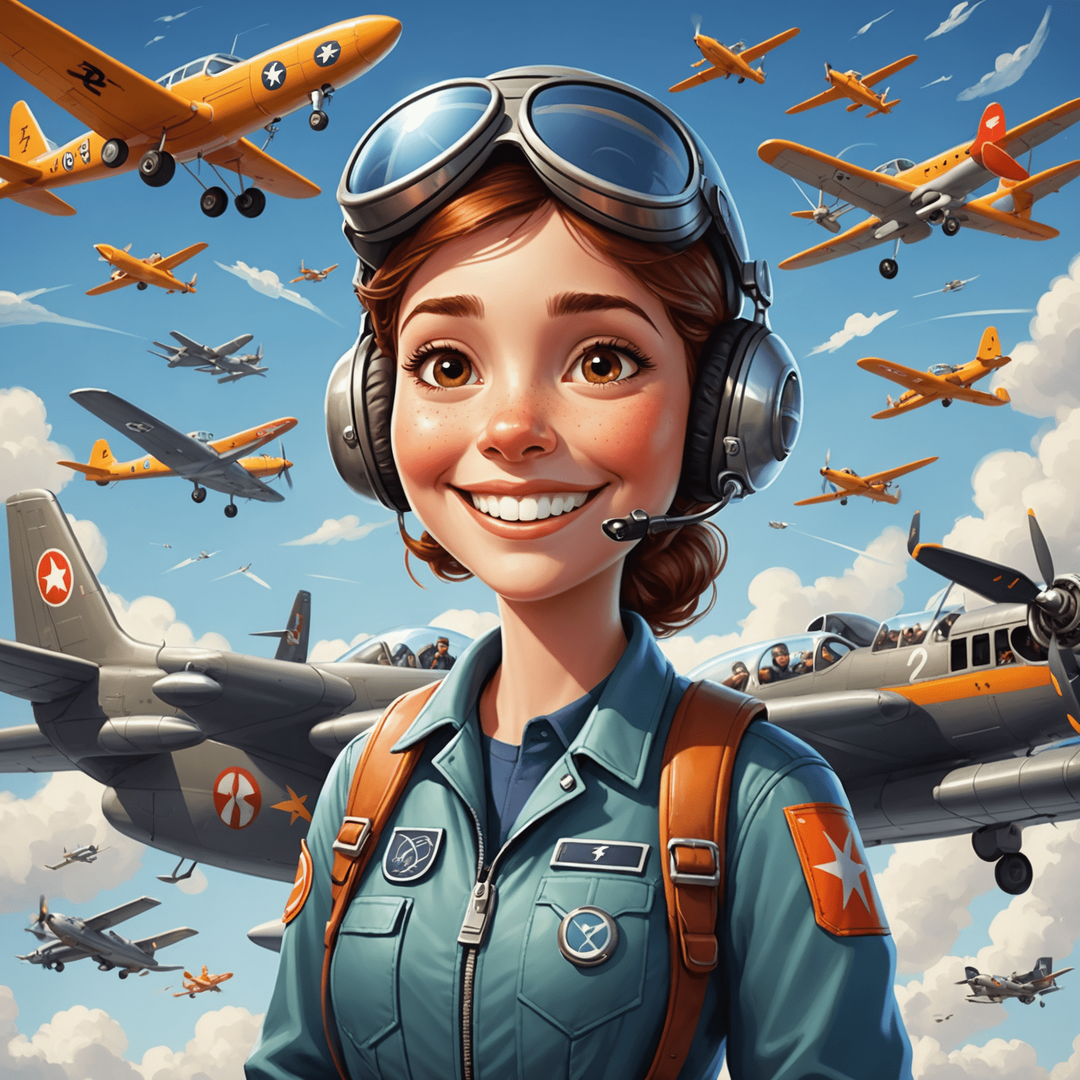 Cartoon illustration of a smiling aviator character offering support, surrounded by flying planes and question marks