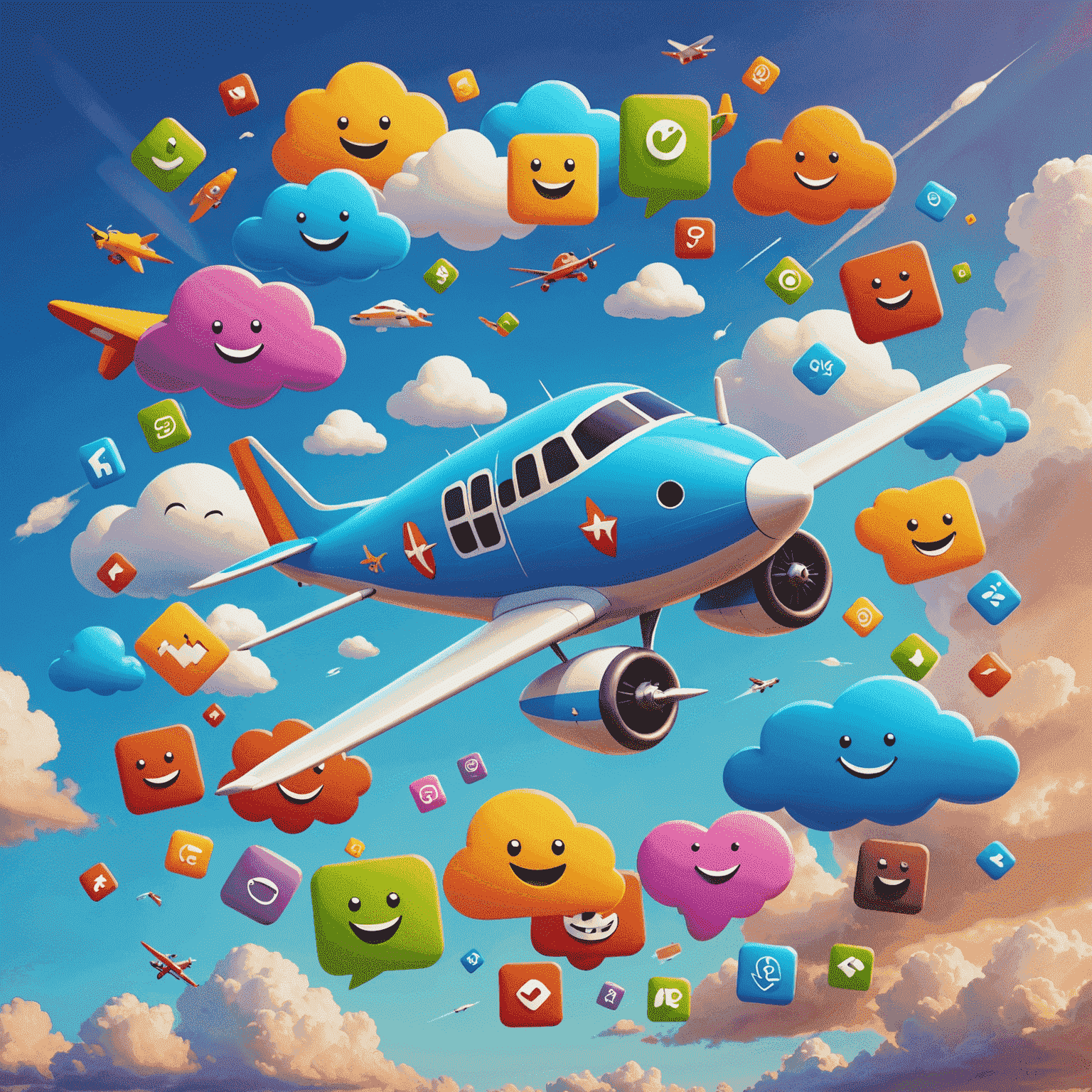 Cartoon airplane with a smiling face, flying through colorful clouds shaped like game icons