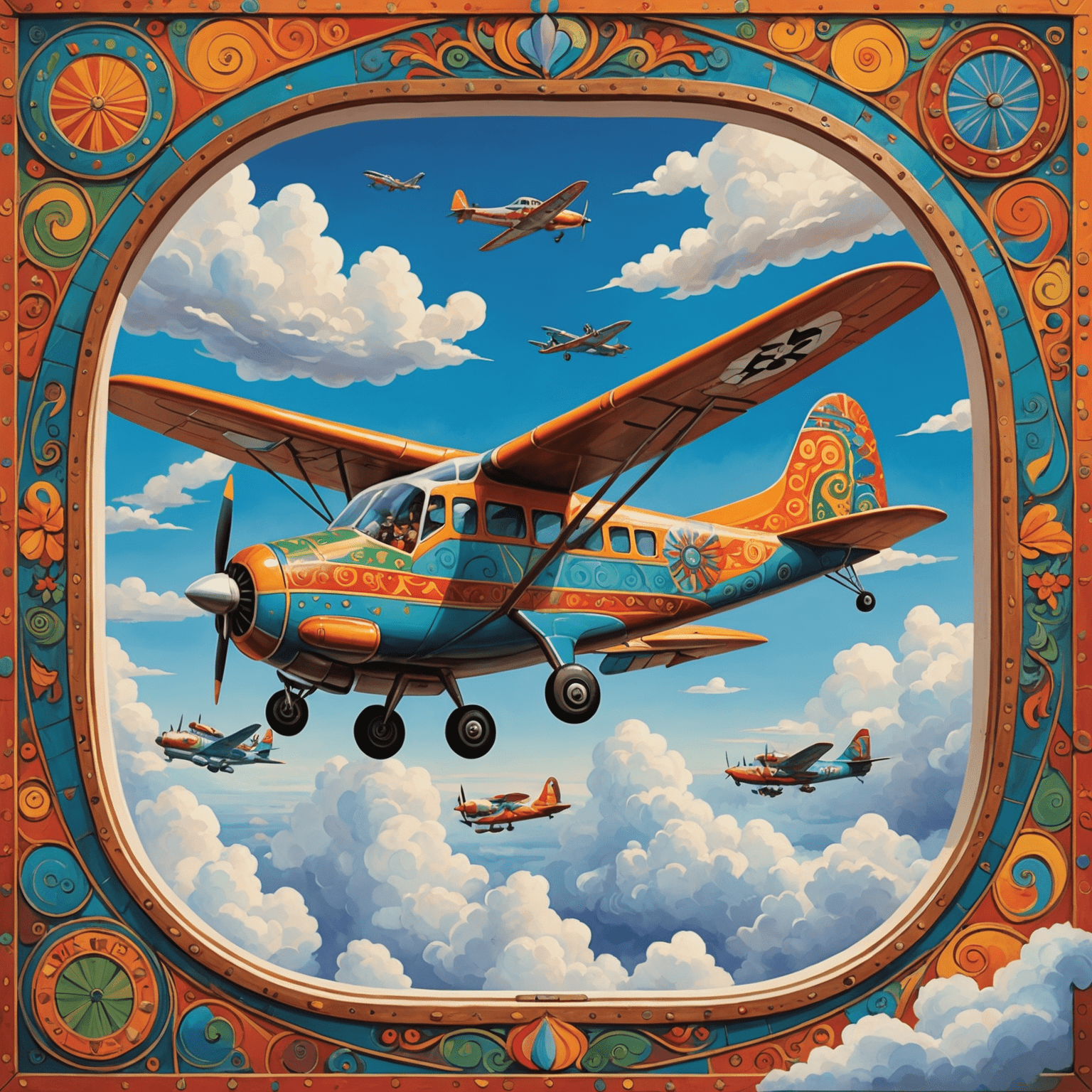 A whimsical cartoon airplane soaring through clouds, with happy passengers visible through the windows. The plane is decorated with vibrant colors and patterns reminiscent of Indian art, symbolizing the fun and cultural richness of the Avia Fly game India experience.