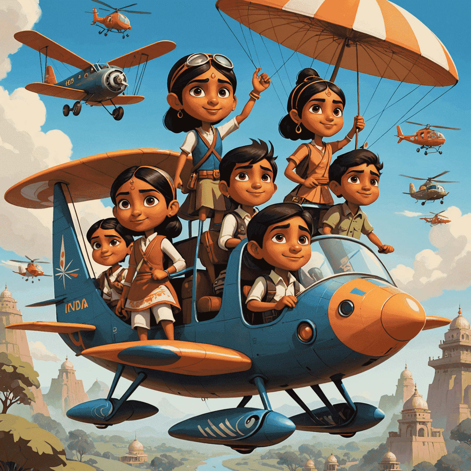 A group of diverse, cartoon-style characters representing different regions of India, all piloting their own unique flying machines