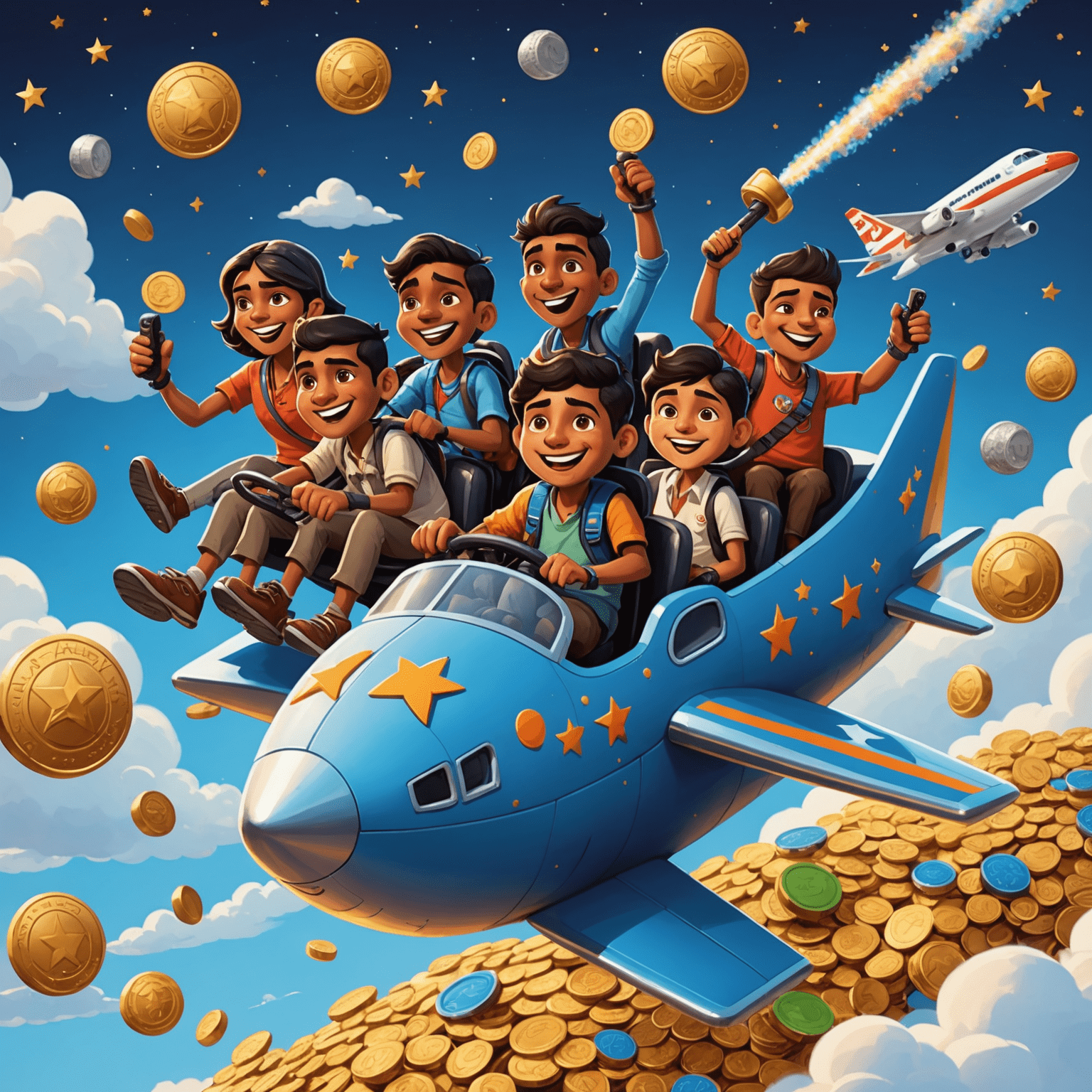 Cartoon depiction of diverse Indian players with joysticks, riding on a giant, smiling airplane through a sky filled with coins and stars