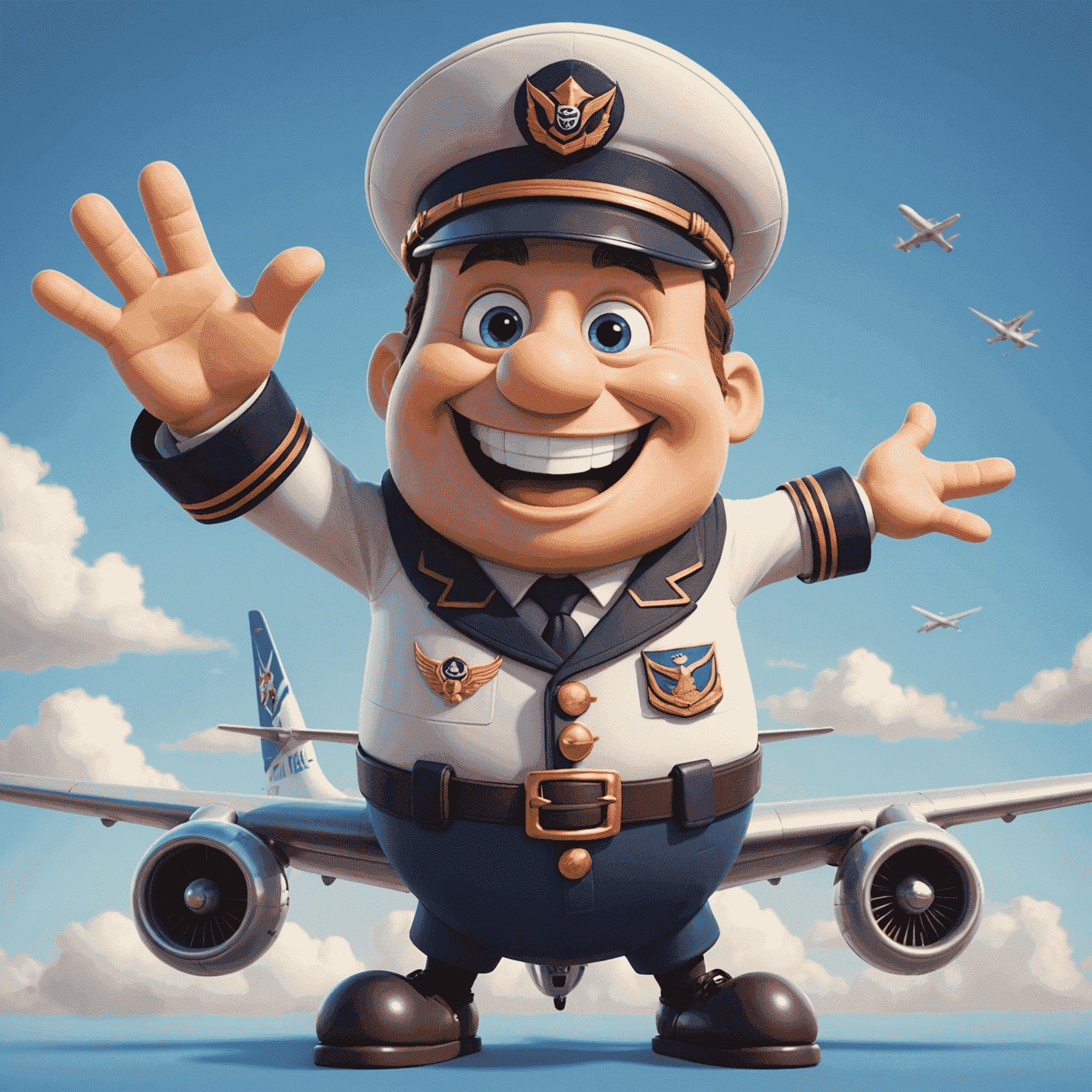 Cartoon character of Captain Wingsy, a friendly airplane with a captain's hat and a big smile, waving at the viewer