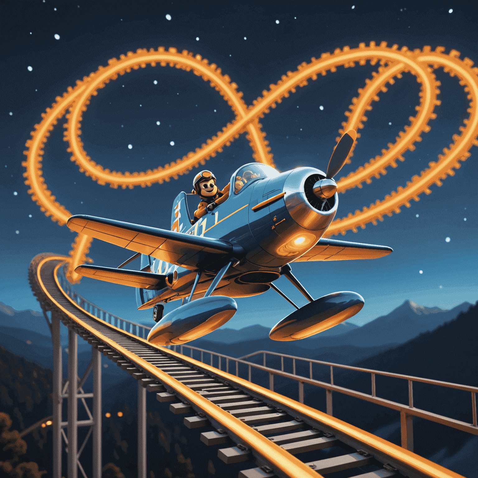 Cartoon Aviator plane riding a rollercoaster track made of glowing multiplier numbers