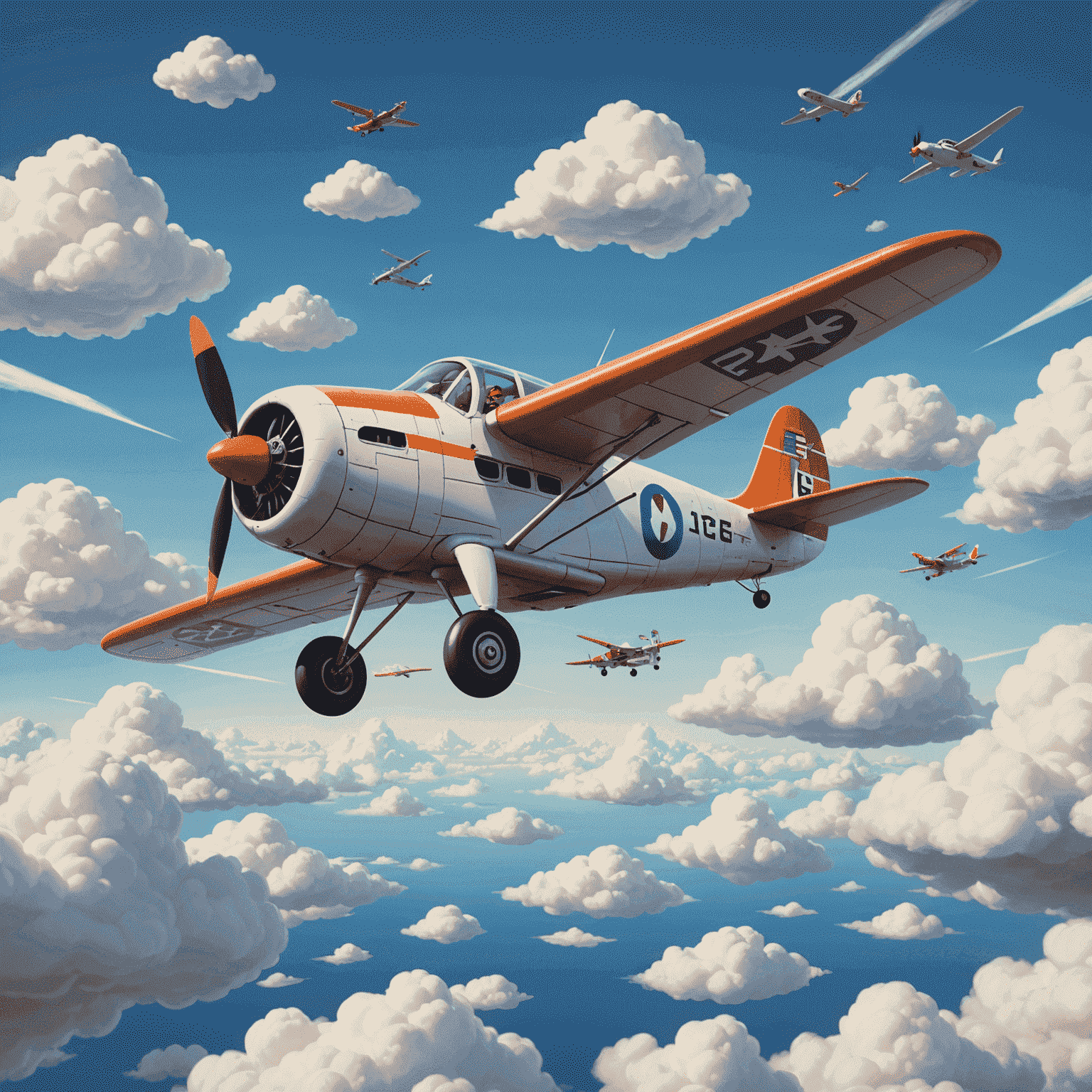 A whimsical cartoon airplane soaring through clouds with game rules floating around it