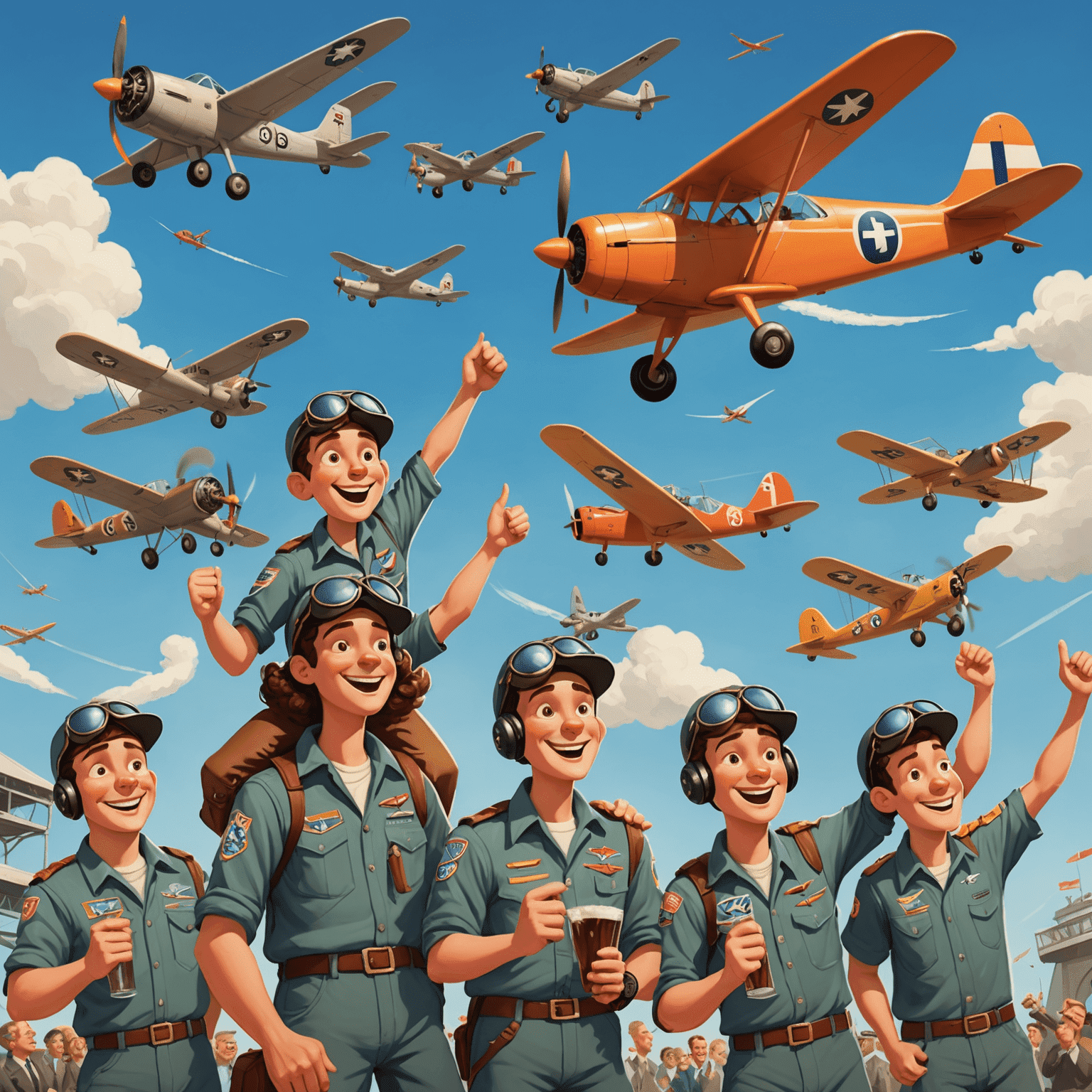 A whimsical cartoon scene showing various Aviator players celebrating their wins, with planes soaring in the background