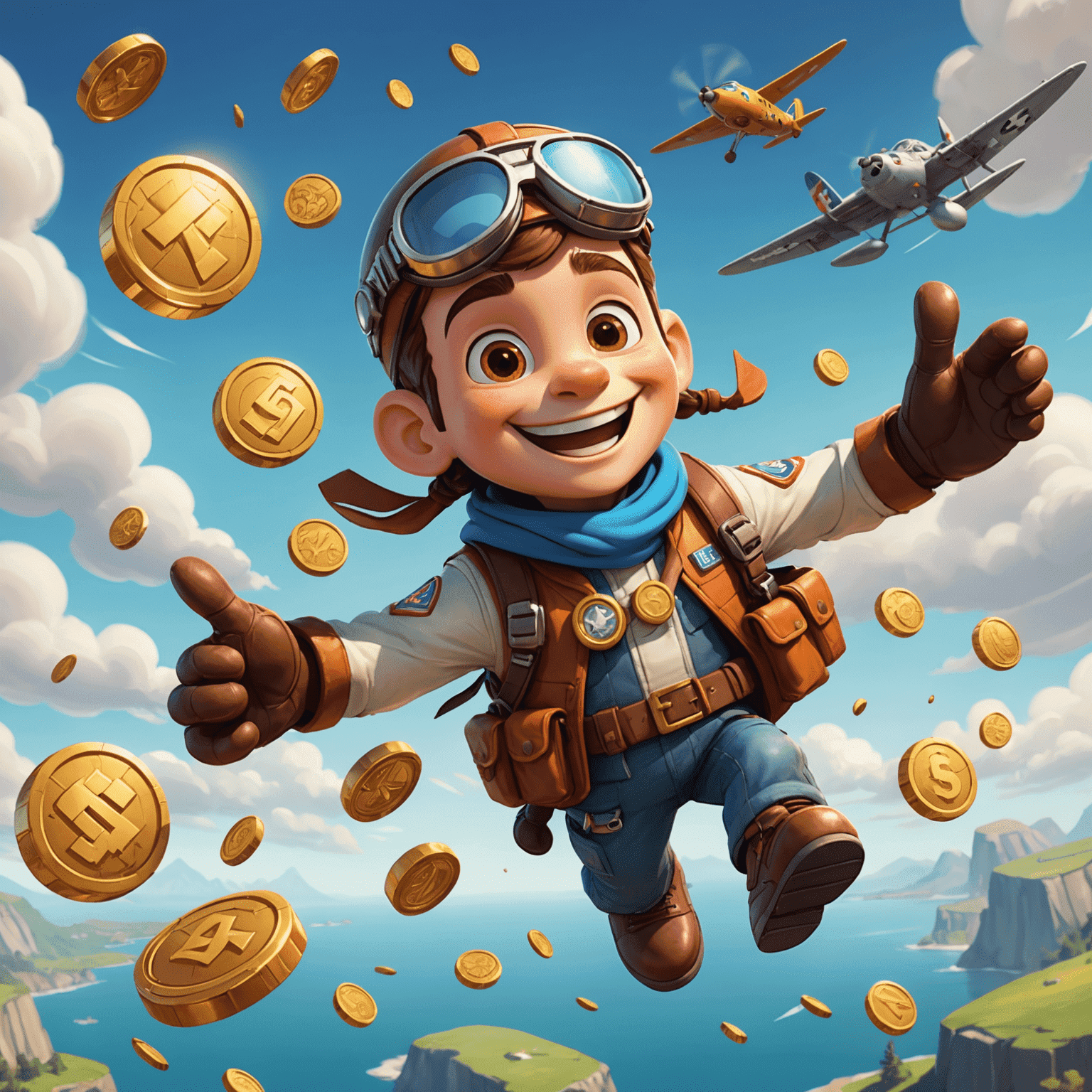 Whimsical cartoon depiction of various in-game bonuses like coins, power-ups, and special abilities floating around a smiling aviator character