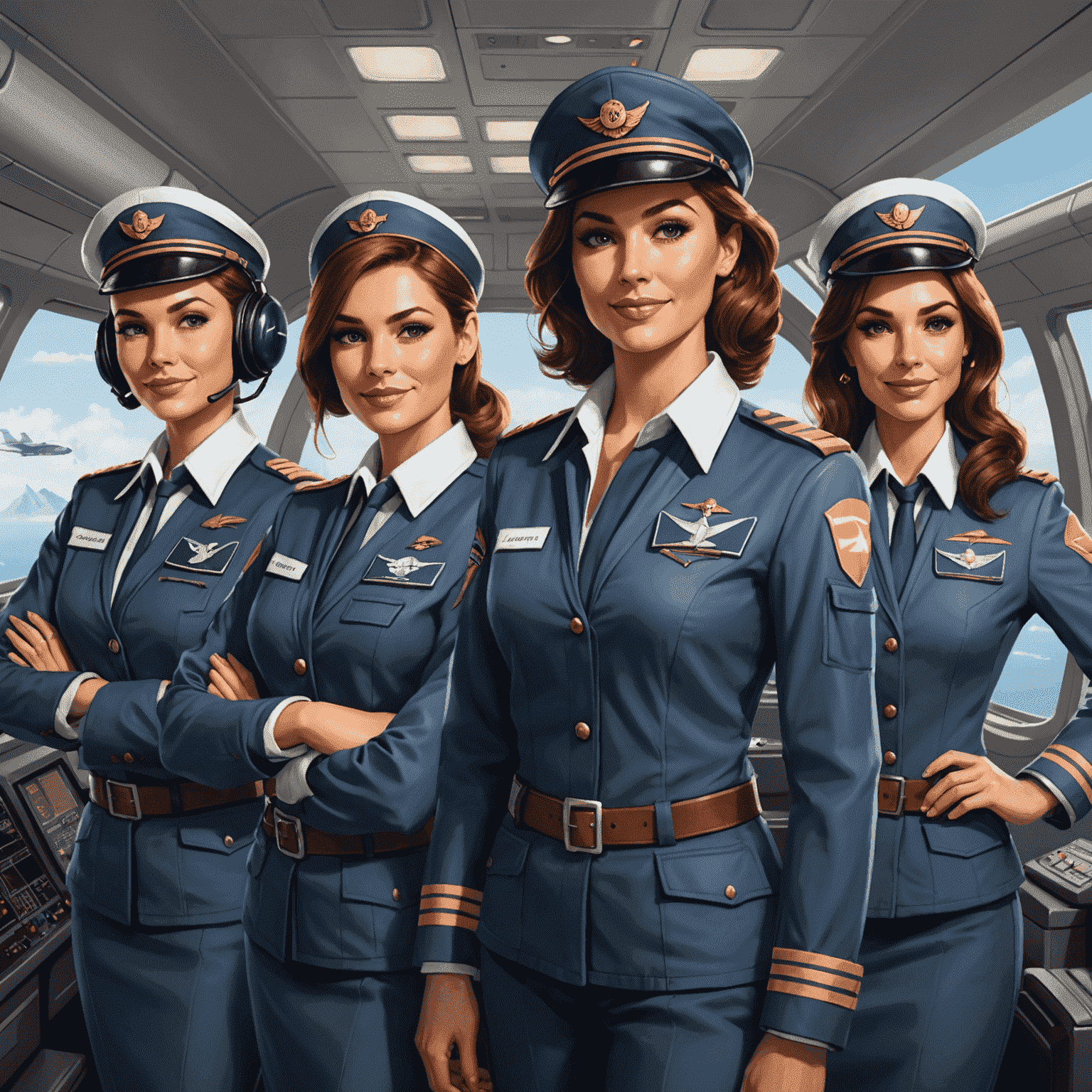 Whimsical illustration of Aviator game support team dressed as pilots and flight attendants, ready to assist players with various game-related issues