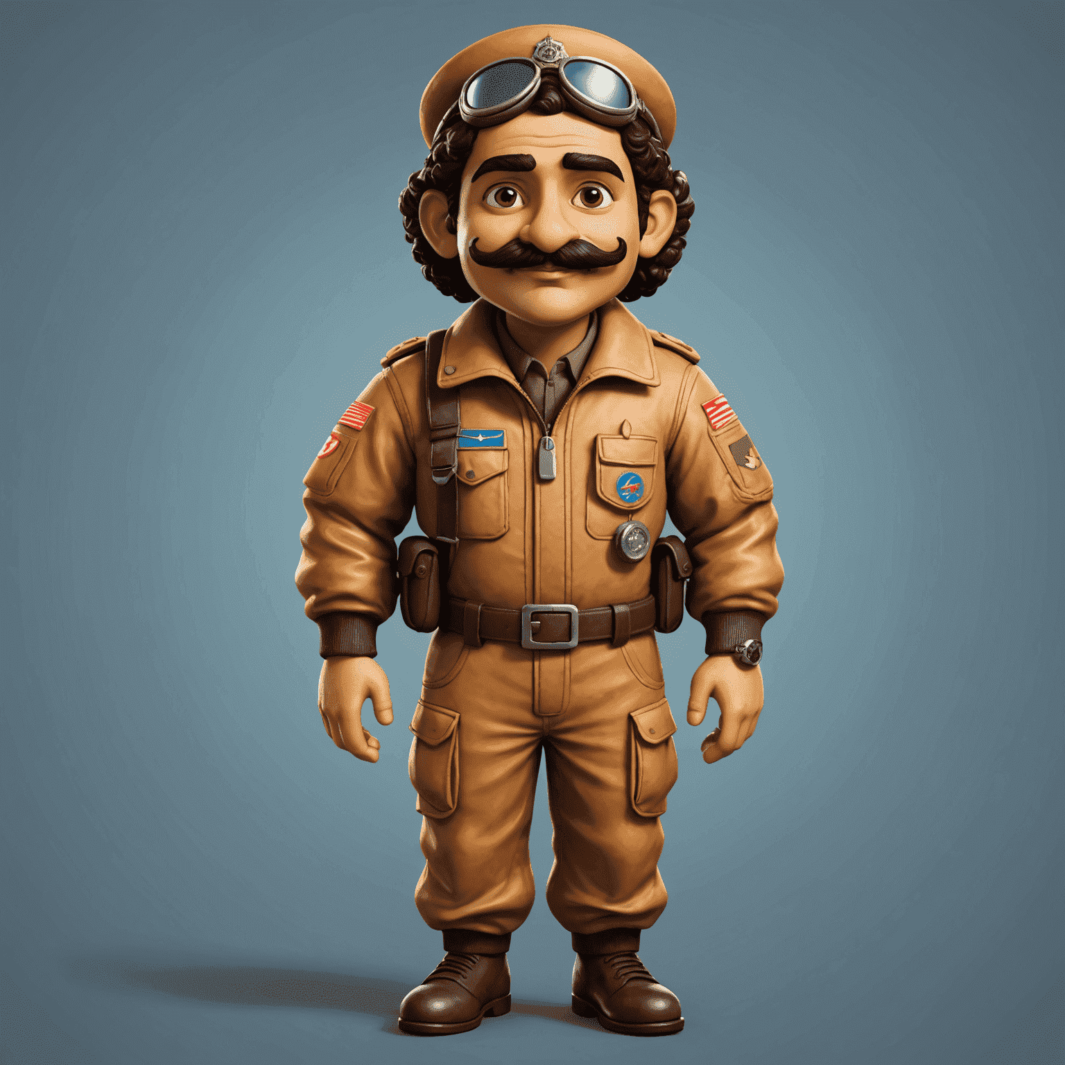 Cartoon Indian pilot character with a curly mustache and a curry-patterned flight suit