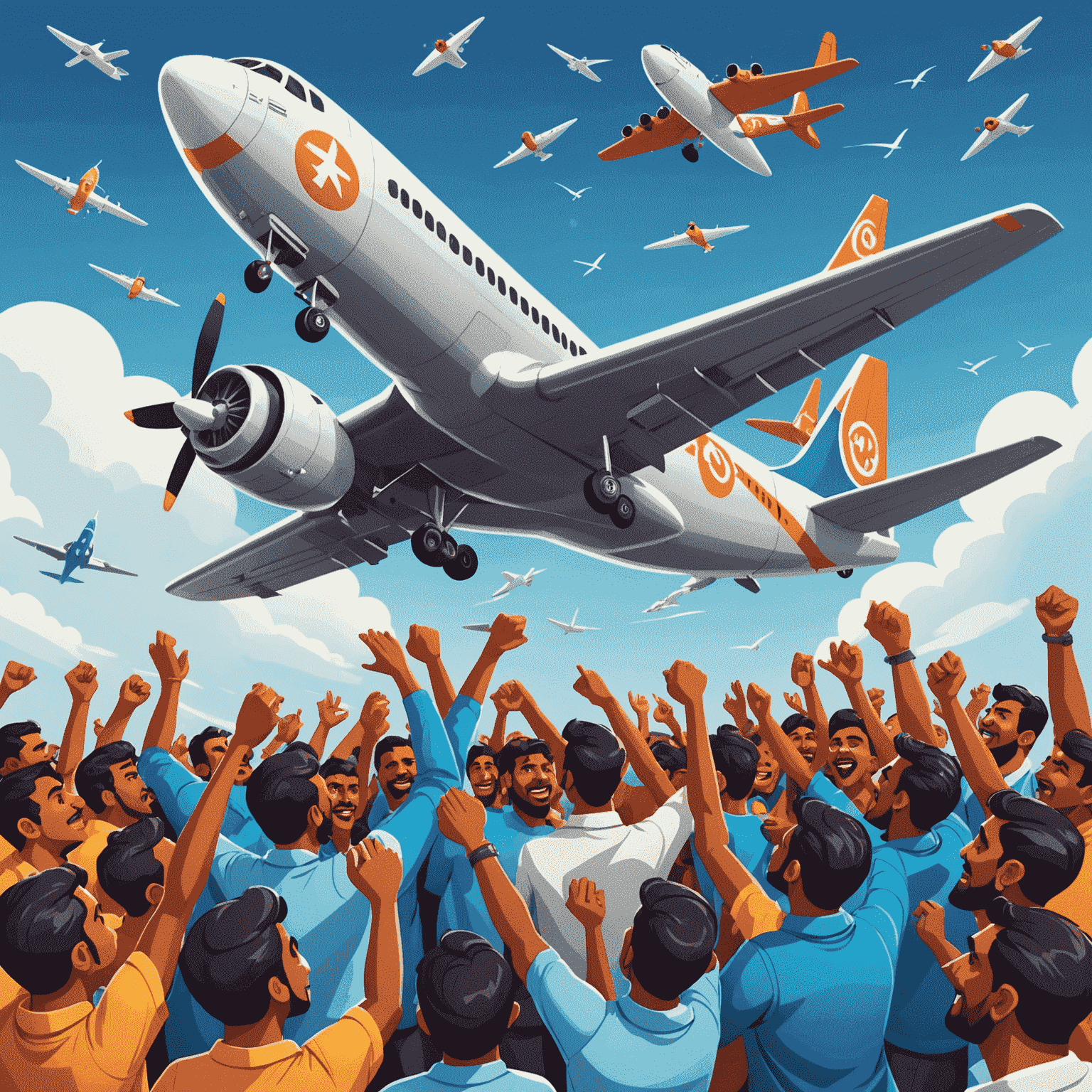 Cartoon illustration of excited Indian players gathered around a stylized airplane representing the Aviator game, with rupee symbols floating in the air