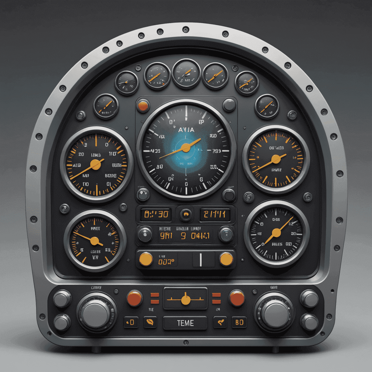 Cartoon illustration of the Avia Fly game interface, with labeled buttons and meters looking like airplane cockpit instruments