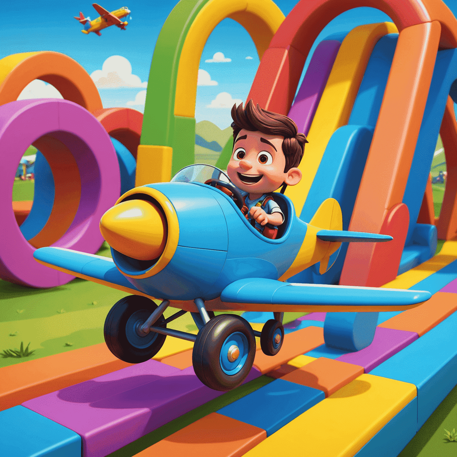 A cartoon character piloting an airplane through a colorful obstacle course representing game steps