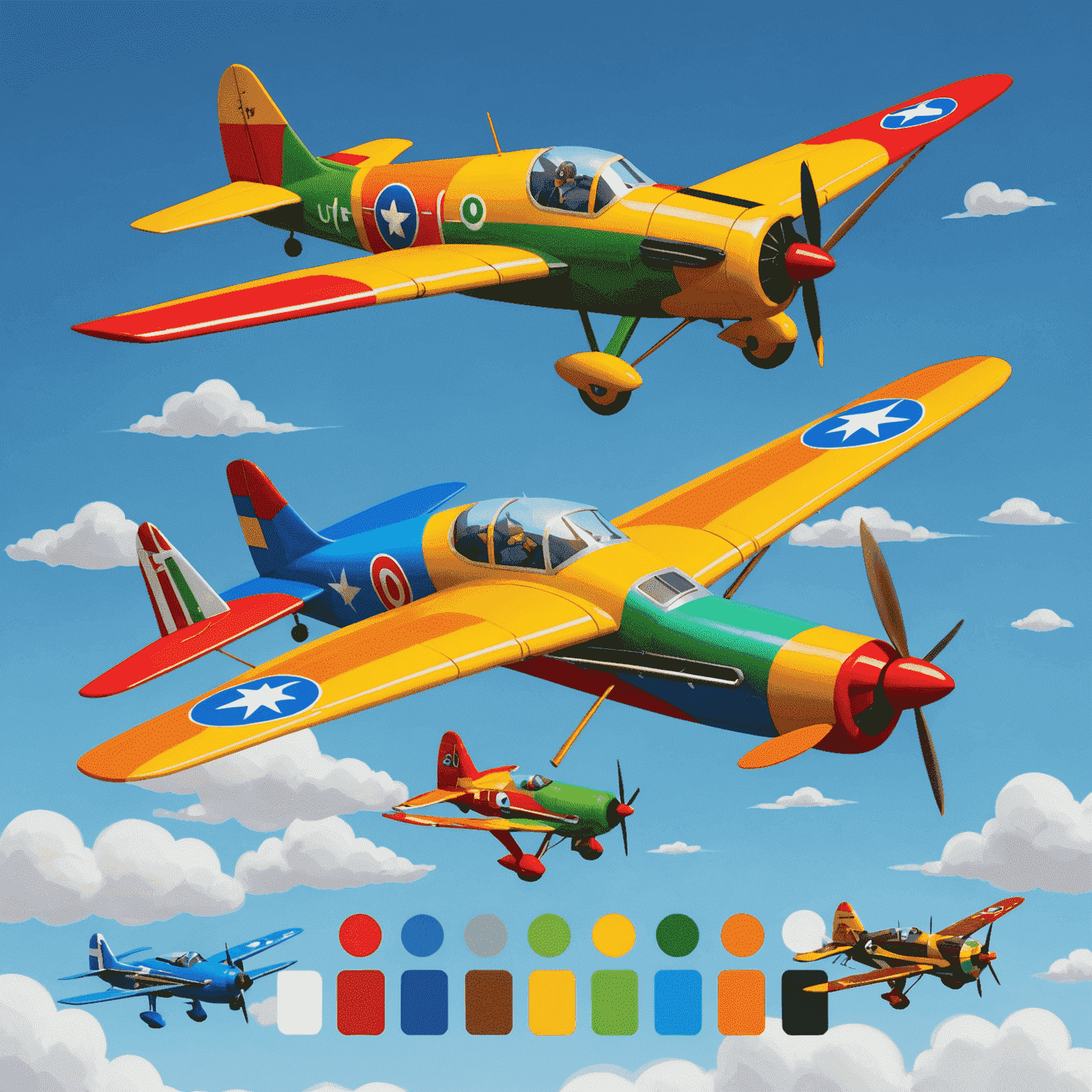 Cartoon image of various colorful and uniquely designed planes with a paintbrush and palette, showcasing the customization options in the Aviator game