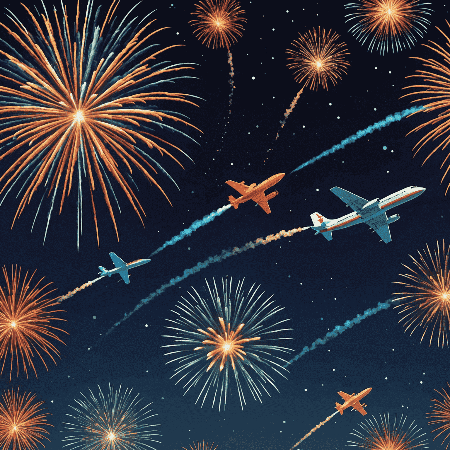 Night sky filled with colorful fireworks and flying planes dodging them