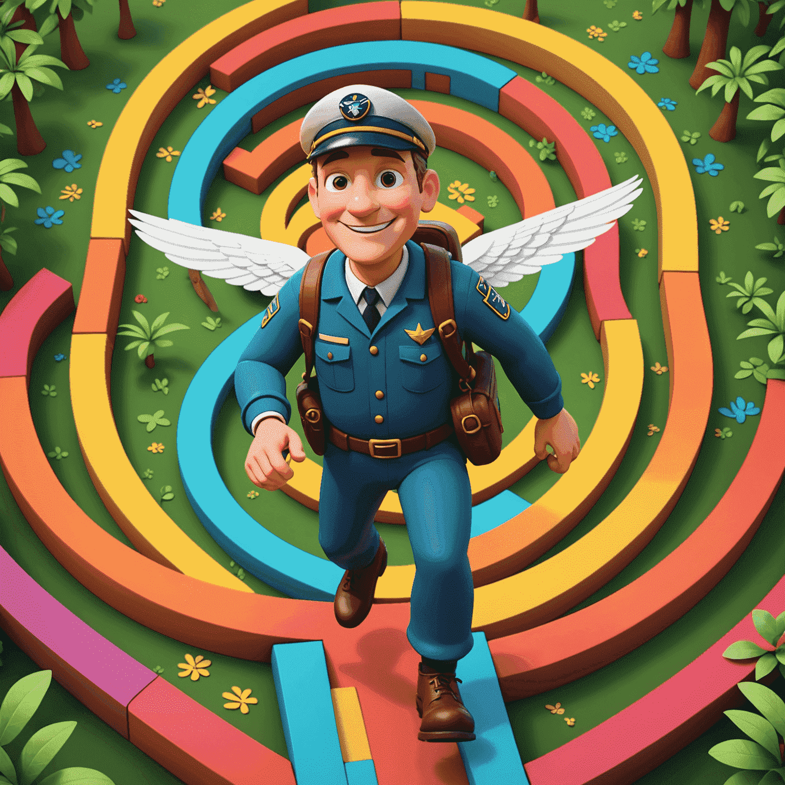 Whimsical cartoon of a friendly pilot character guiding newcomers through a colorful, maze-like path representing the Avia Fly game basics