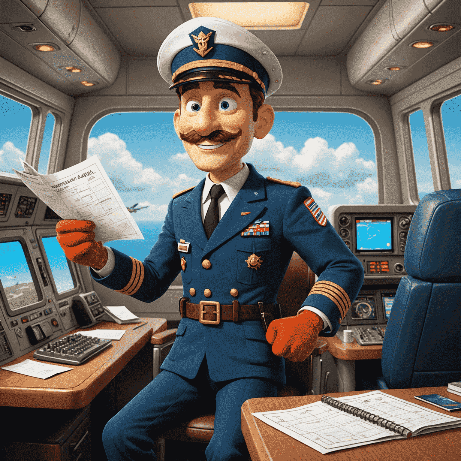 Cartoon scene of Captain Wingsy going through a comical preflight checklist, with exaggerated items like 'Lucky Socks' and 'Snack Supply'