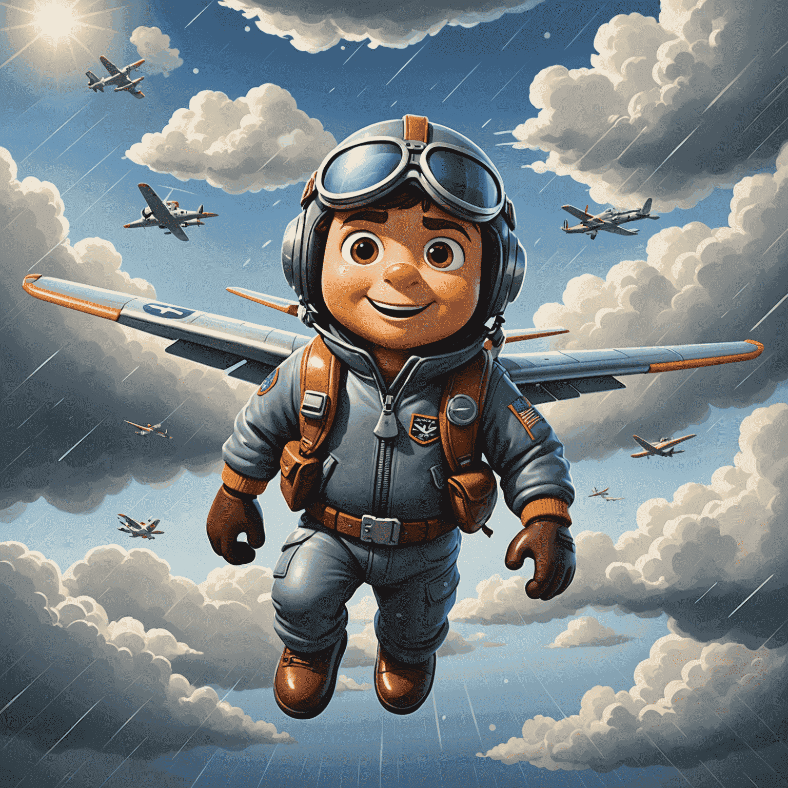 Cartoon depiction of an aviator flying through different weather conditions - sunny, rainy, and stormy skies