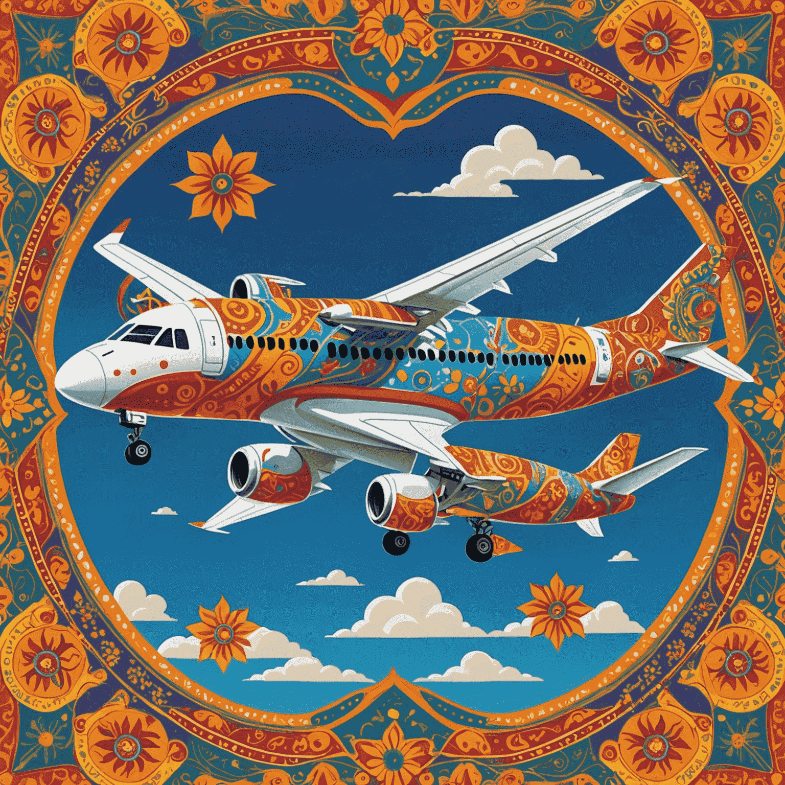 Airplane decorated with colorful Bollywood-style patterns and dancing characters