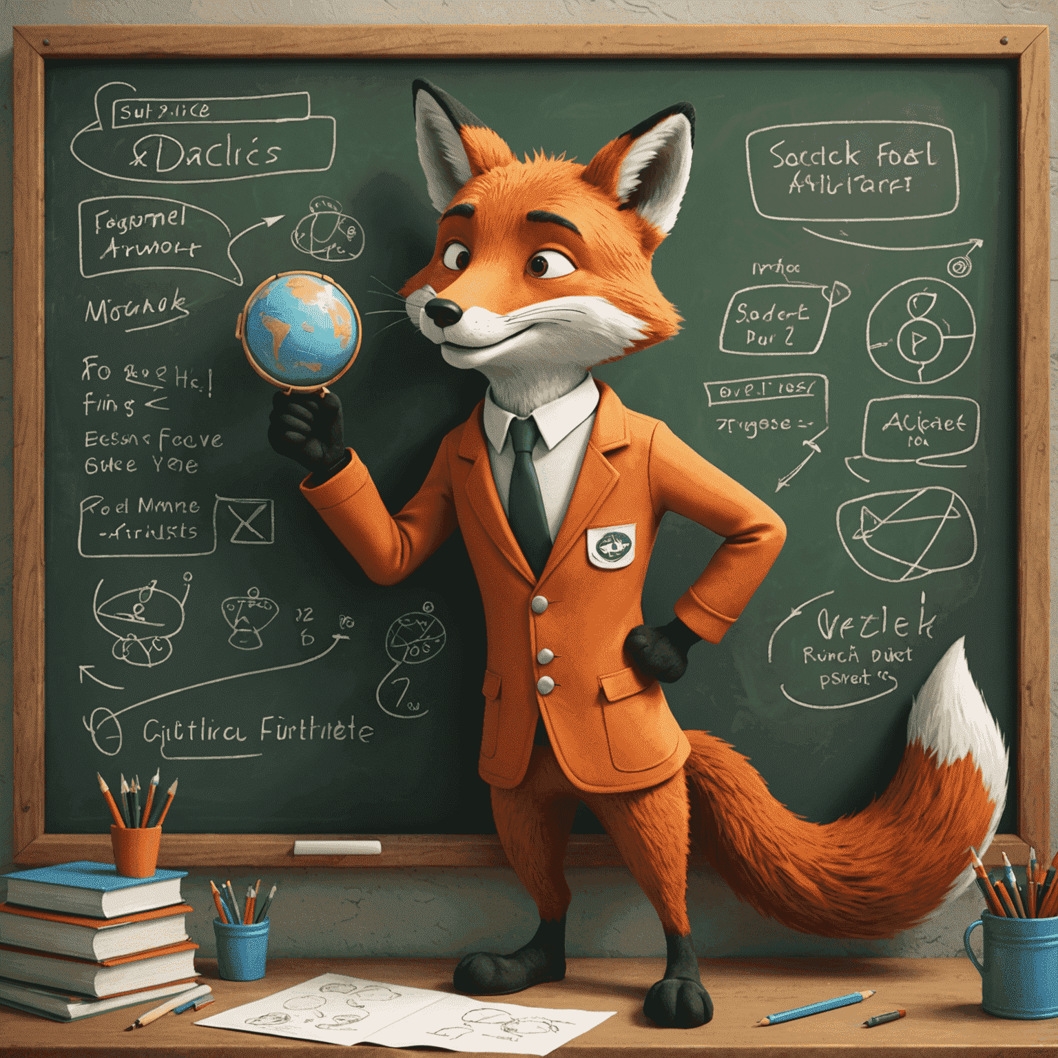 Cartoon depiction of a clever fox character revealing secret Aviator game strategies on a chalkboard to eager animal students