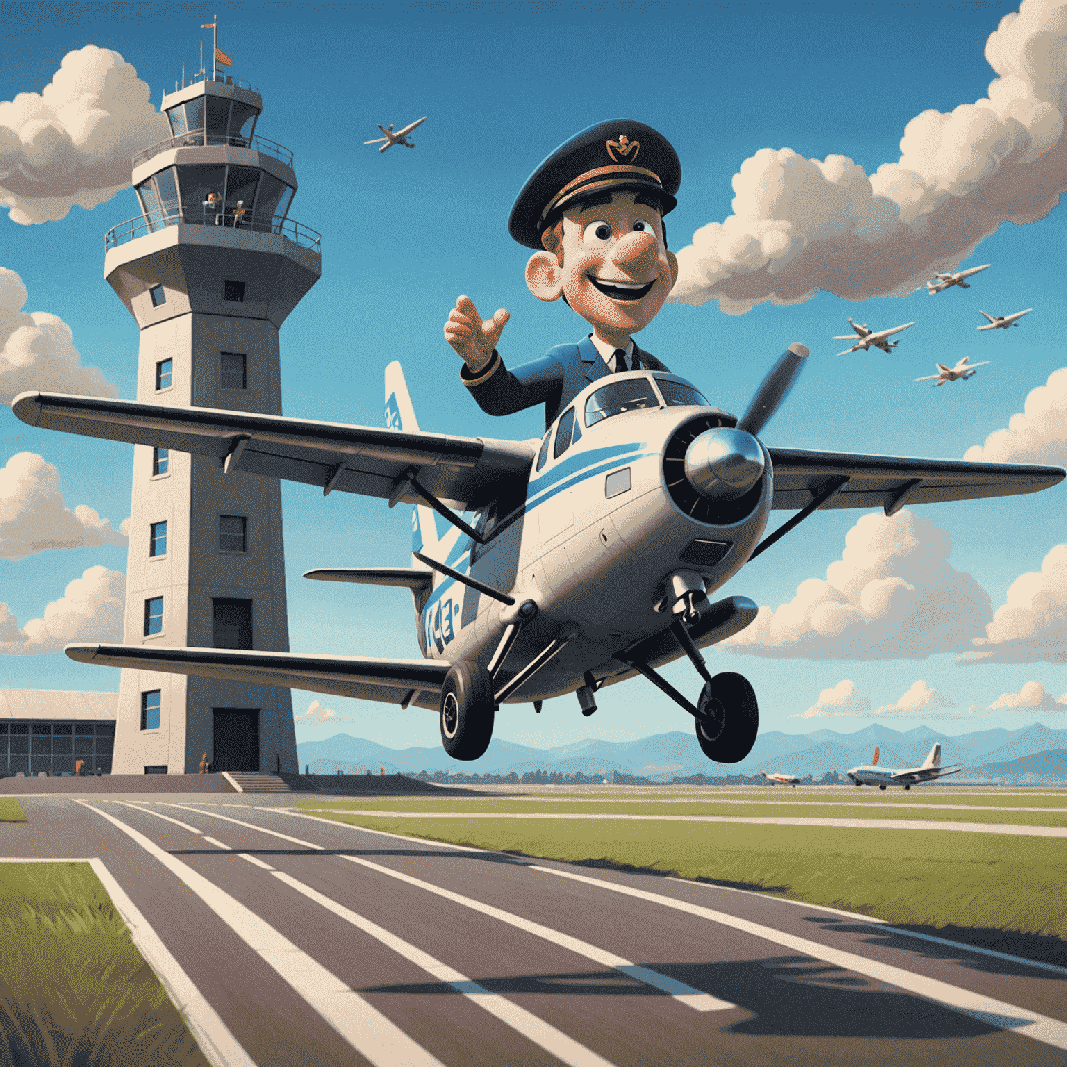 Animated scene of a cartoon airplane (representing the player) taking off from a runway, with Captain Wingsy cheering from the control tower