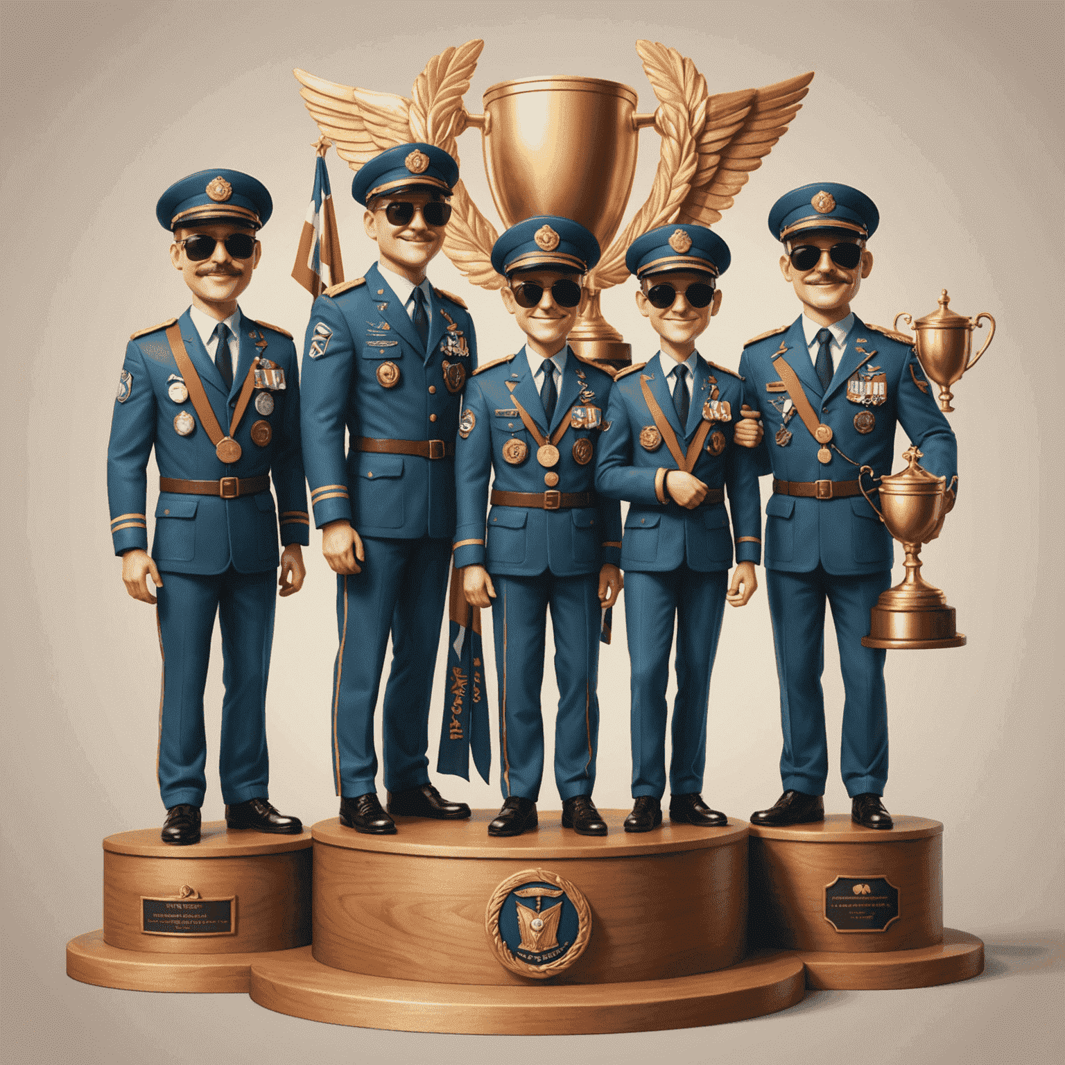 Whimsical illustration of aviators on a podium with trophies and medals, representing the leaderboard and achievement system