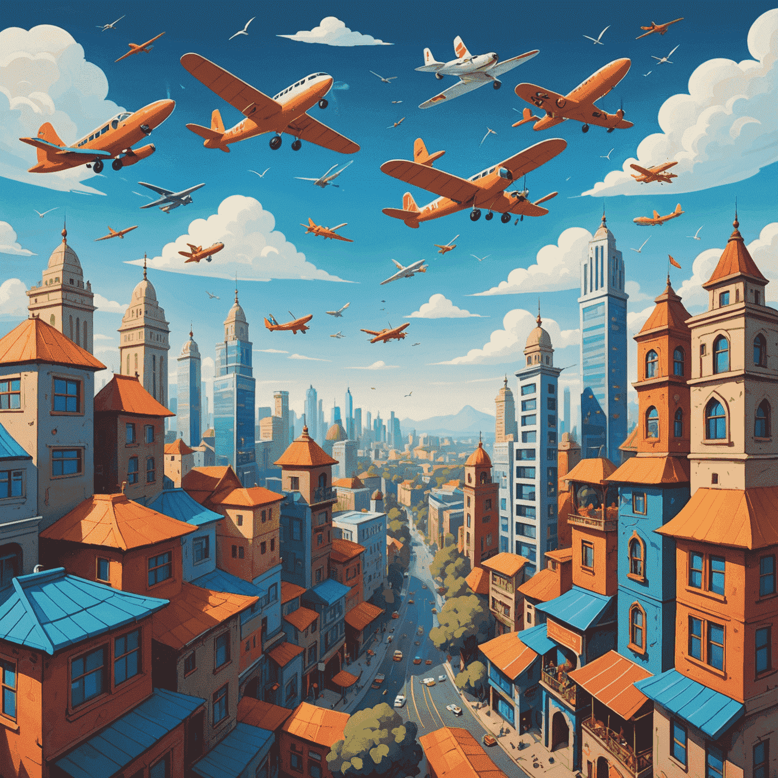 A panoramic view of a cartoon Indian cityscape with various whimsical airplanes flying above, leaving trails of colorful patterns in the sky