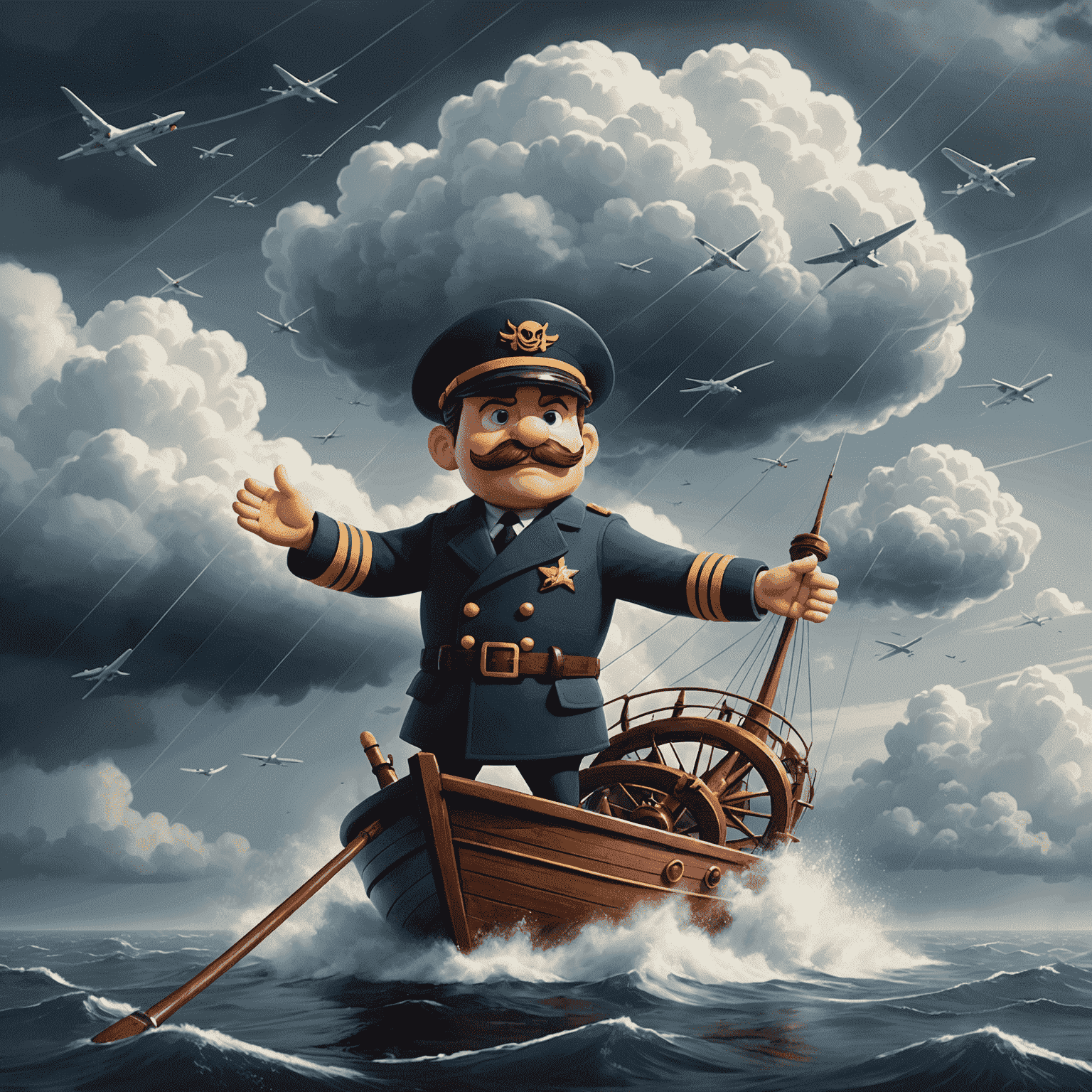 Cartoon illustration of Captain Wingsy navigating through storm clouds, each cloud labeled with different risk factors in Avia Fly