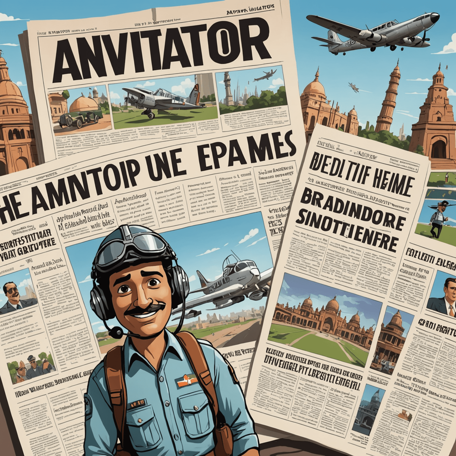 A cartoon newspaper with exciting headlines about Aviator game updates, with Indian landmarks in the background