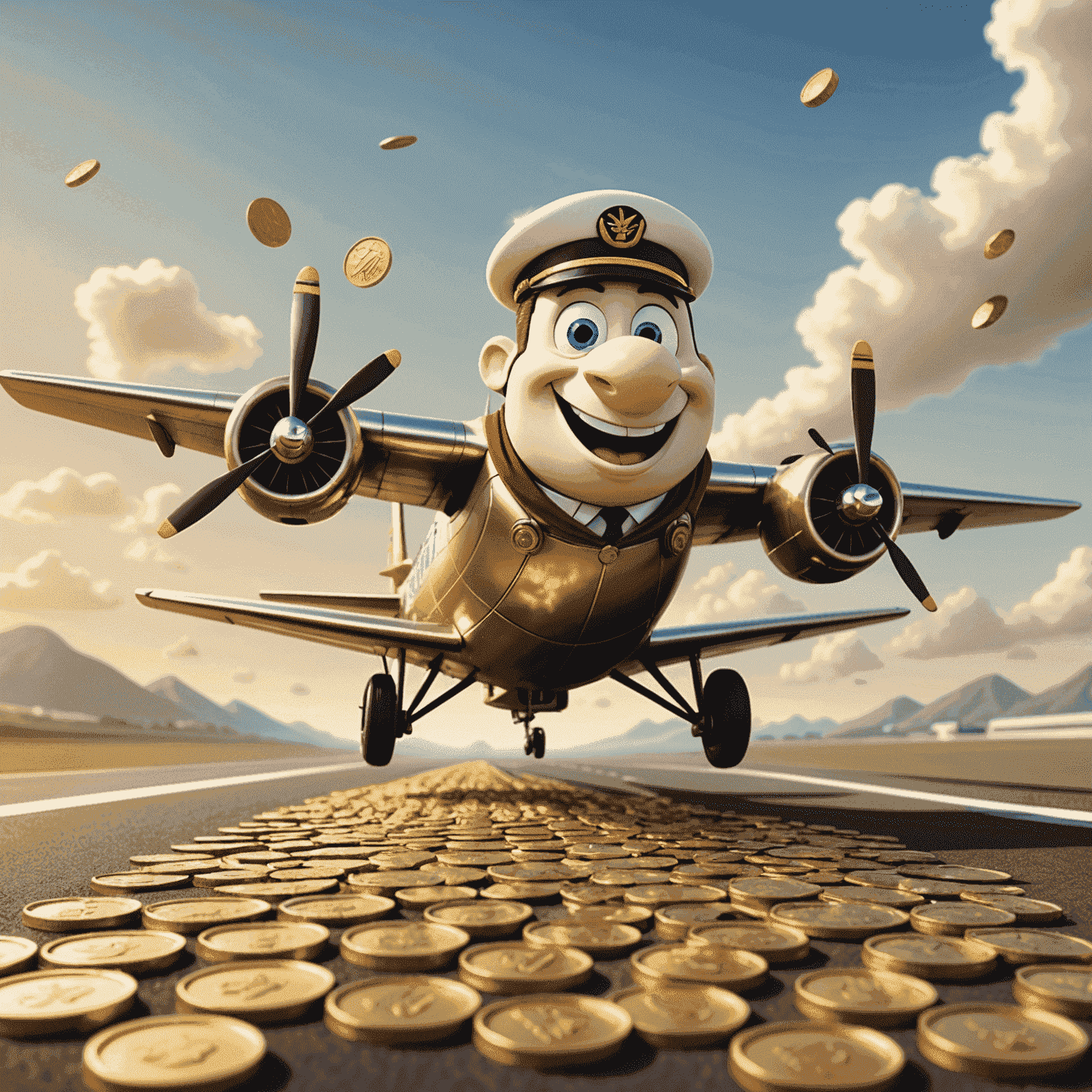 Cartoon scene of an airplane gently landing on a runway made of gold coins, with Captain Wingsy giving a thumbs up