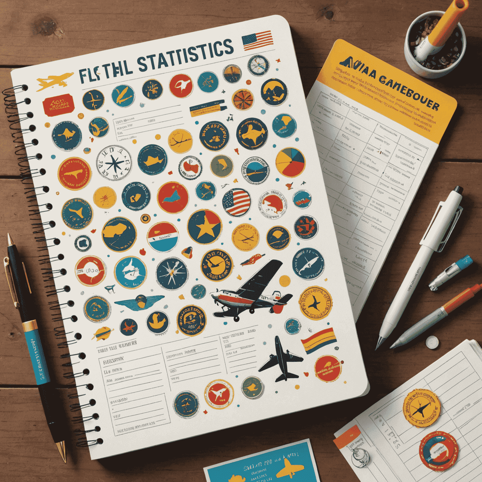 Whimsical illustration of a flight log book filled with stickers, stamps, and colorful entries representing Avia Fly game statistics